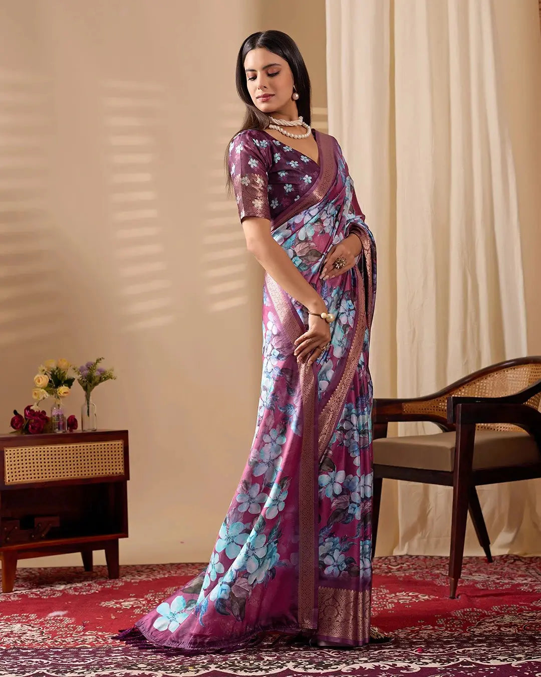 Purple Floral Print Zari Woven Border Soft Lichi Silk Saree – Kalyanja